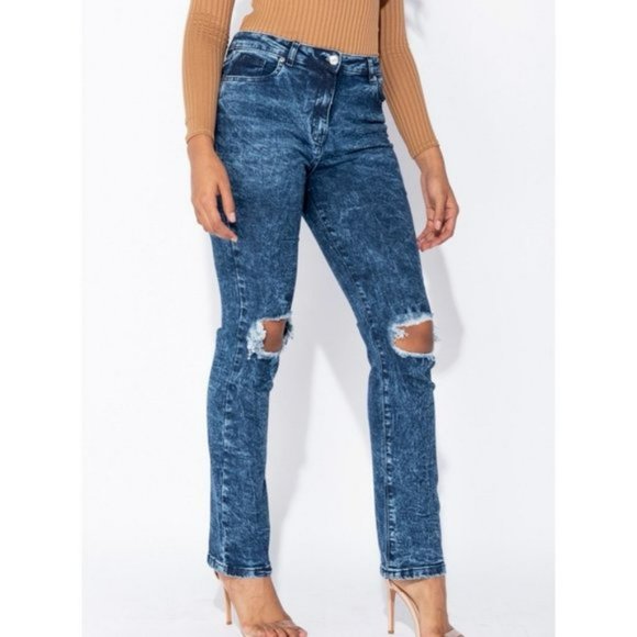 Blue Acid Wash High Waist Ripped Distressed Straight Leg Jeans Denim - Picture 8 of 13